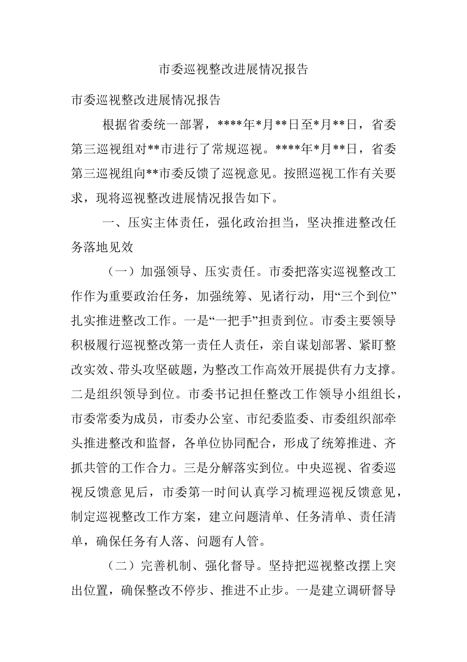 市委巡视整改进展情况报告.docx_第1页