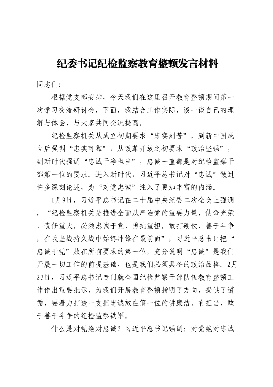 纪委书记纪检监察教育整顿发言材料.docx_第1页