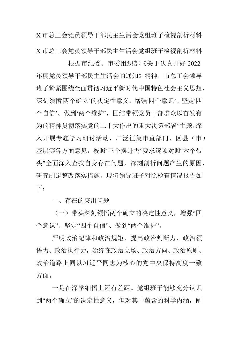 X市总工会党员领导干部民主生活会党组班子检视剖析材料.docx_第1页