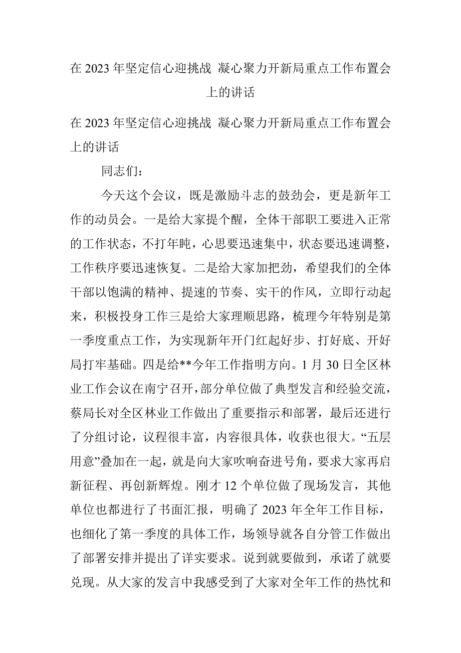 在2023年坚定信心迎挑战 凝心聚力开新局重点工作布置会上的讲话.docx_第1页