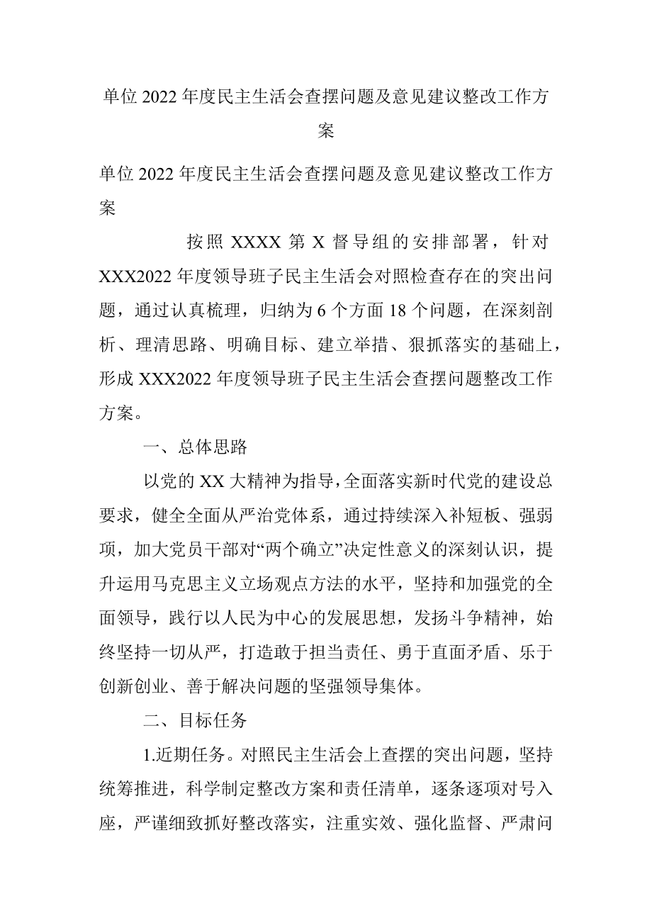 单位2022年度民主生活会查摆问题及意见建议整改工作方案.docx_第1页