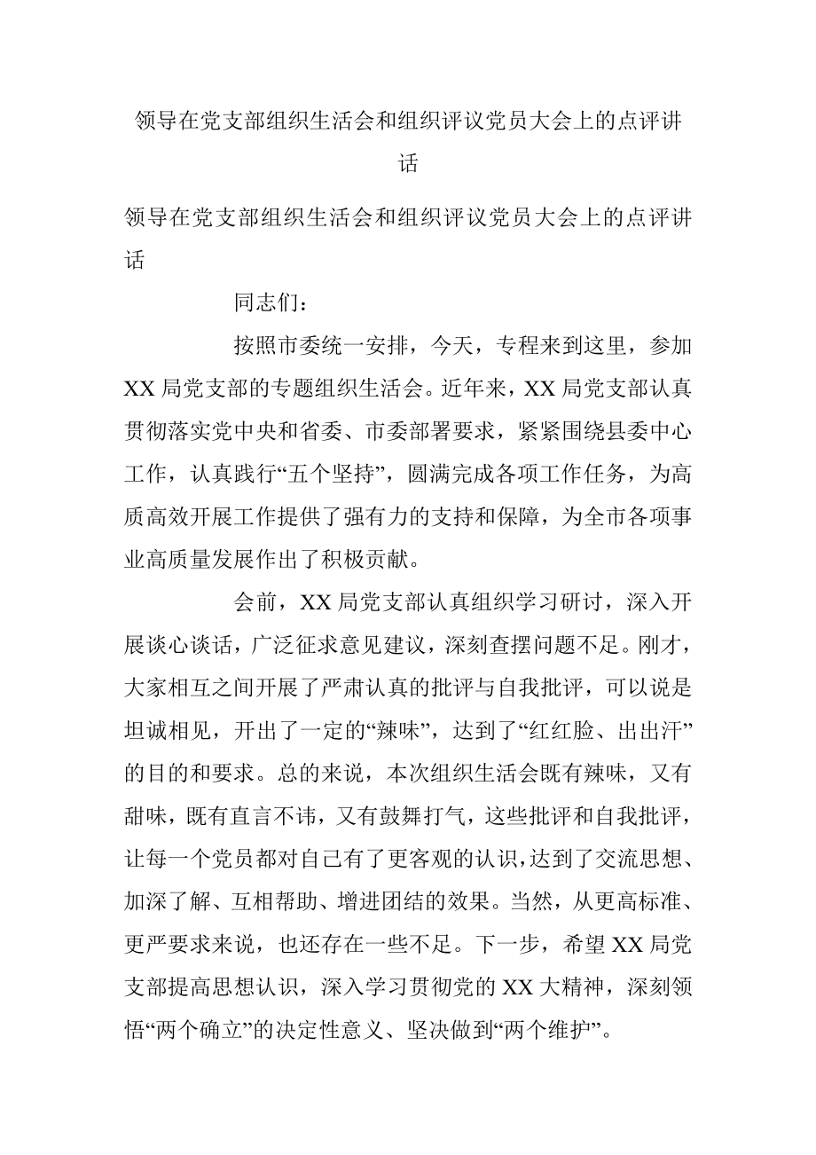 领导在党支部组织生活会和组织评议党员大会上的点评讲话.docx_第1页