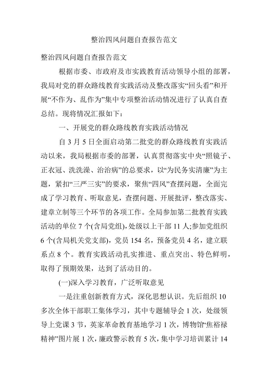 整治四风问题自查报告范文.docx_第1页