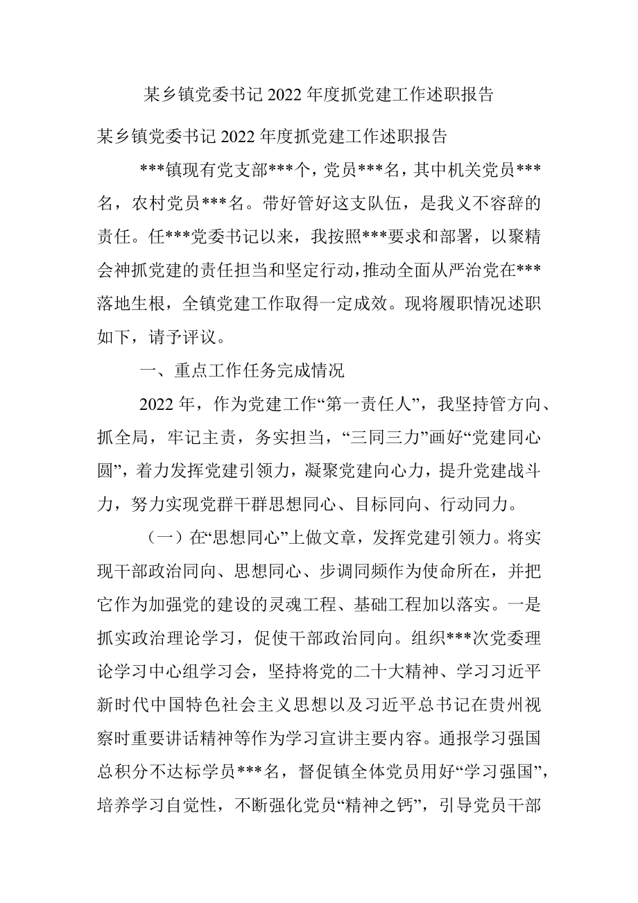 某乡镇党委书记2022年度抓党建工作述职报告.docx_第1页