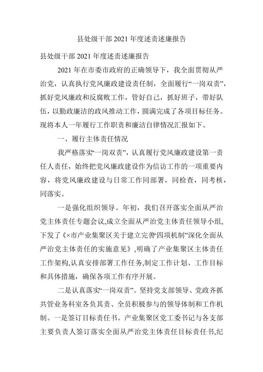 县处级干部2021年度述责述廉报告.docx_第1页