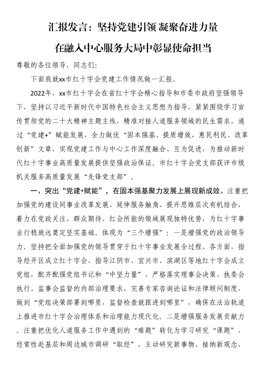 汇报发言：坚持党建引领 凝聚奋进力量 在融入中心服务大局中彰显使命担当 .docx_第1页