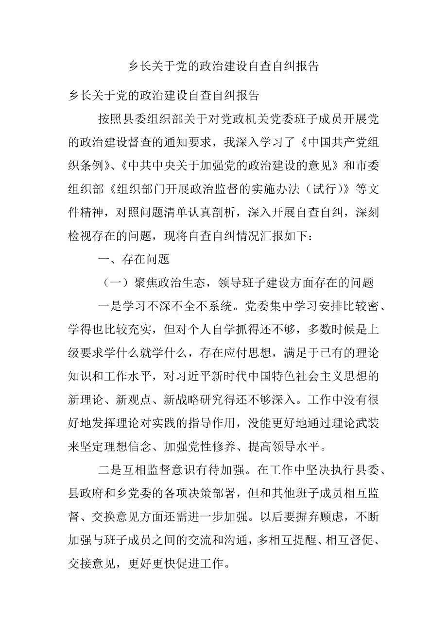 乡长关于党的政治建设自查自纠报告.docx_第1页