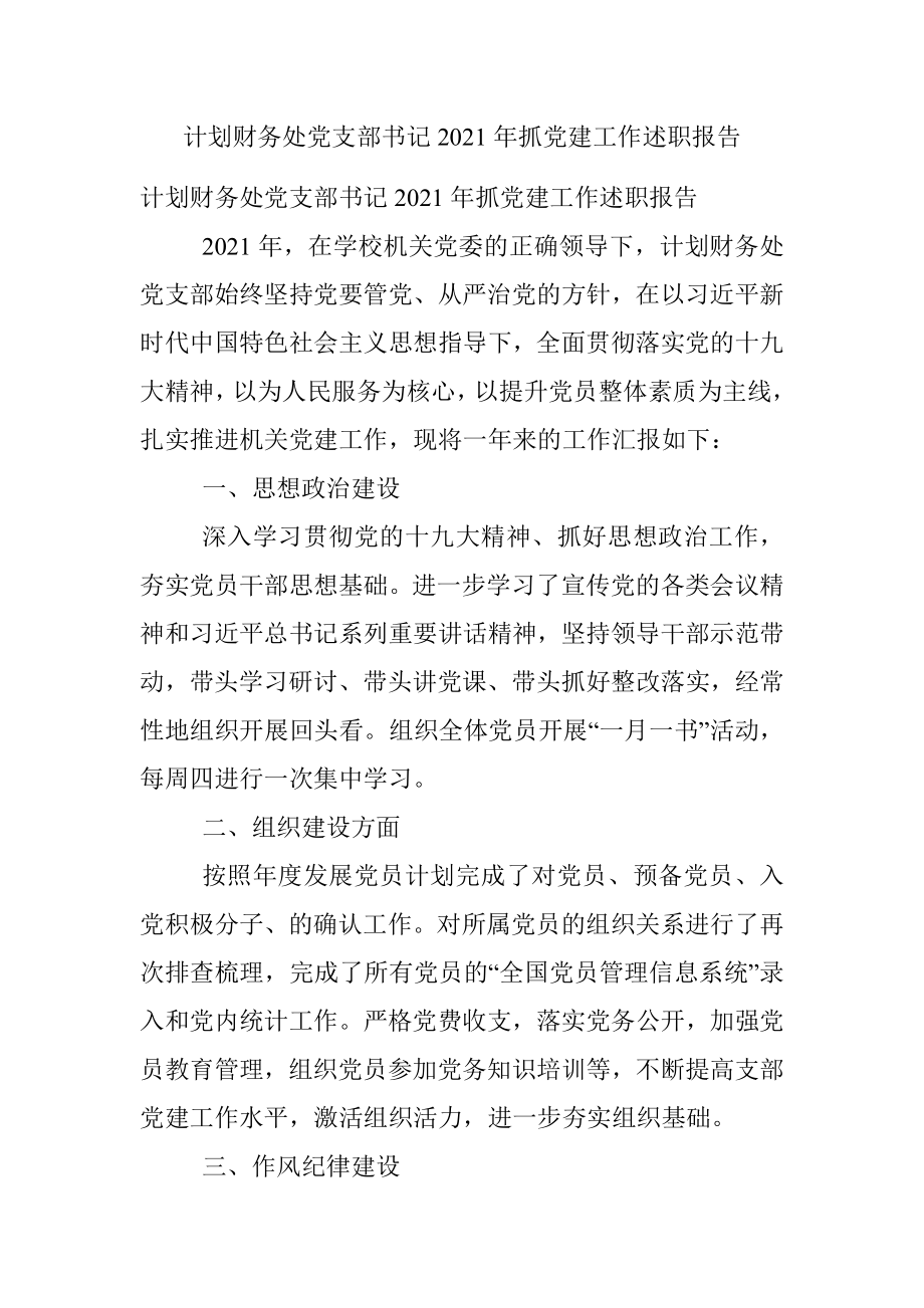 计划财务处党支部书记2021年抓党建工作述职报告.docx_第1页