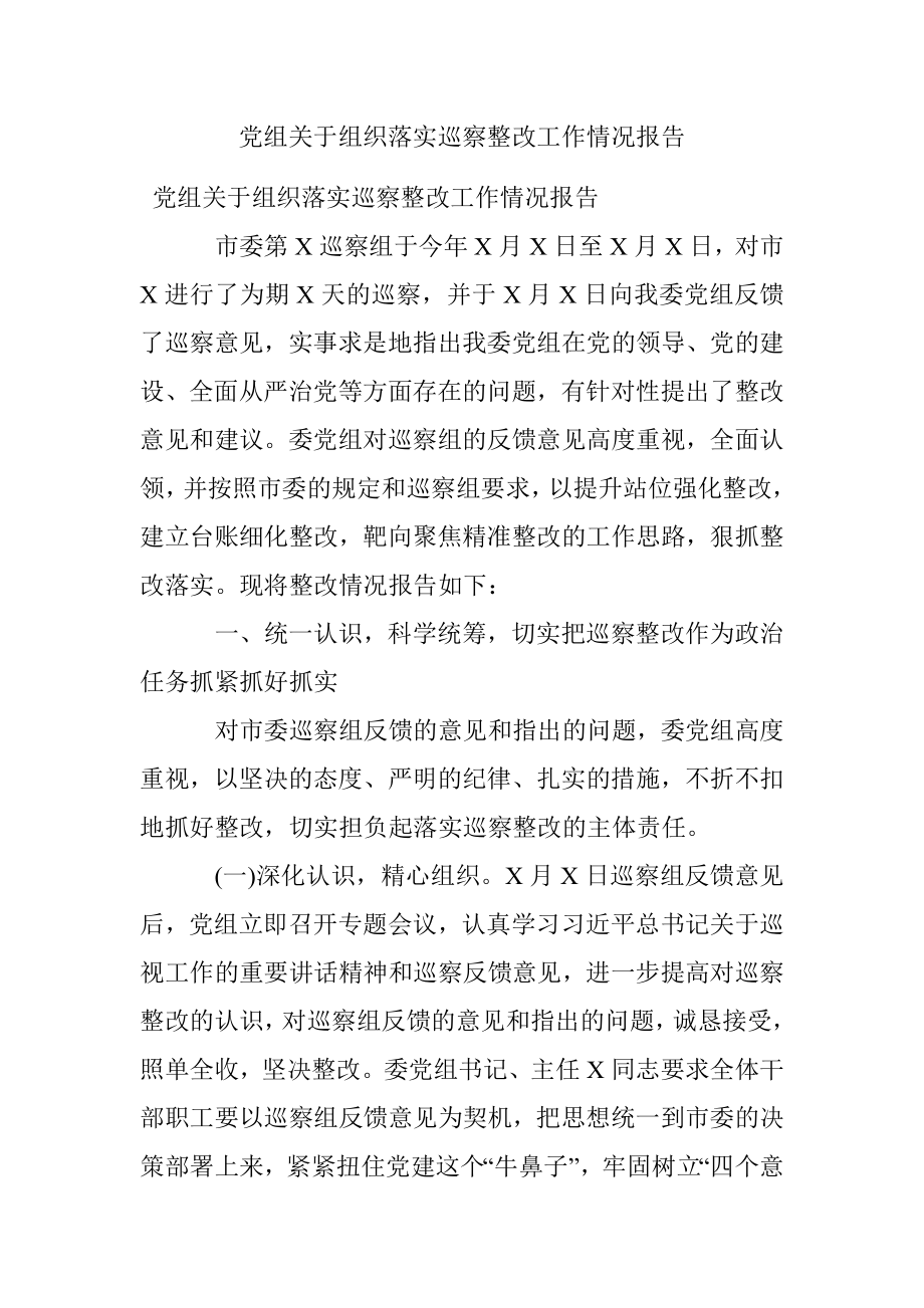 党组关于组织落实巡察整改工作情况报告.docx_第1页