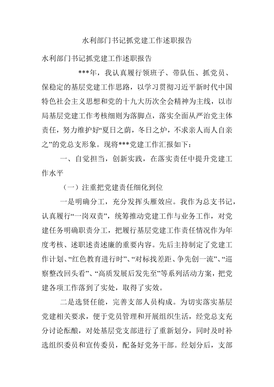 水利部门书记抓党建工作述职报告.docx_第1页