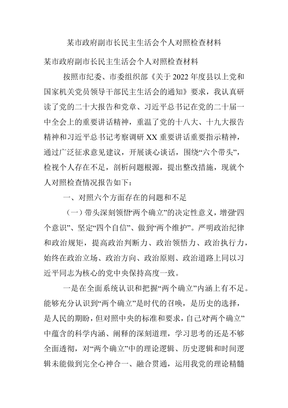 某市政府副市长民主生活会个人对照检查材料.docx_第1页