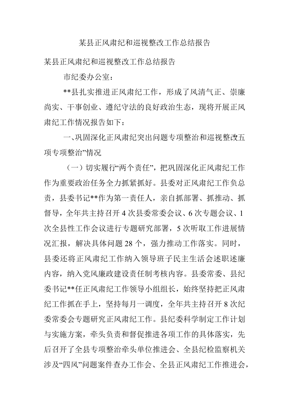 某县正风肃纪和巡视整改工作总结报告.docx_第1页