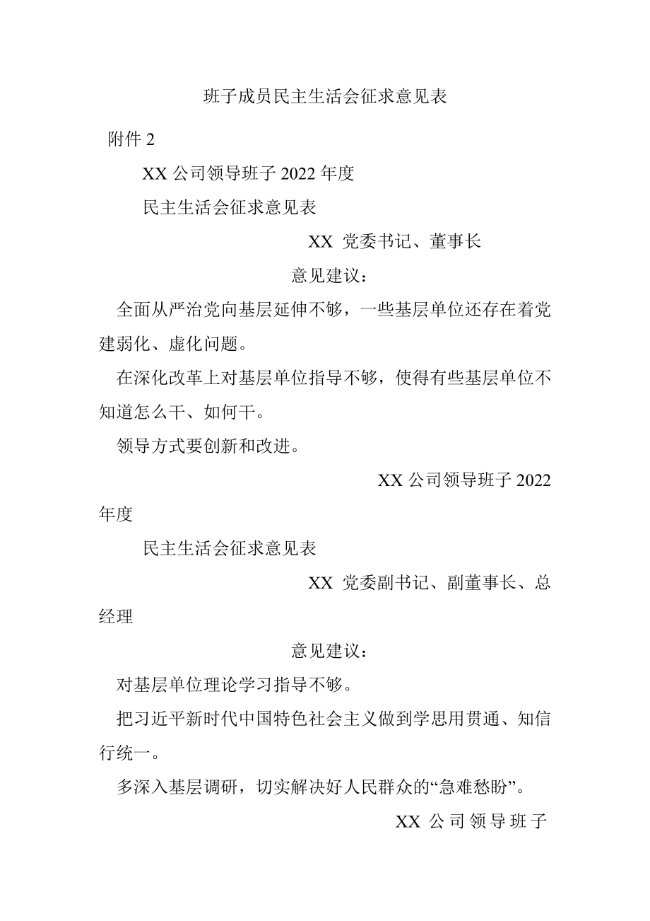 班子成员民主生活会征求意见表.docx_第1页