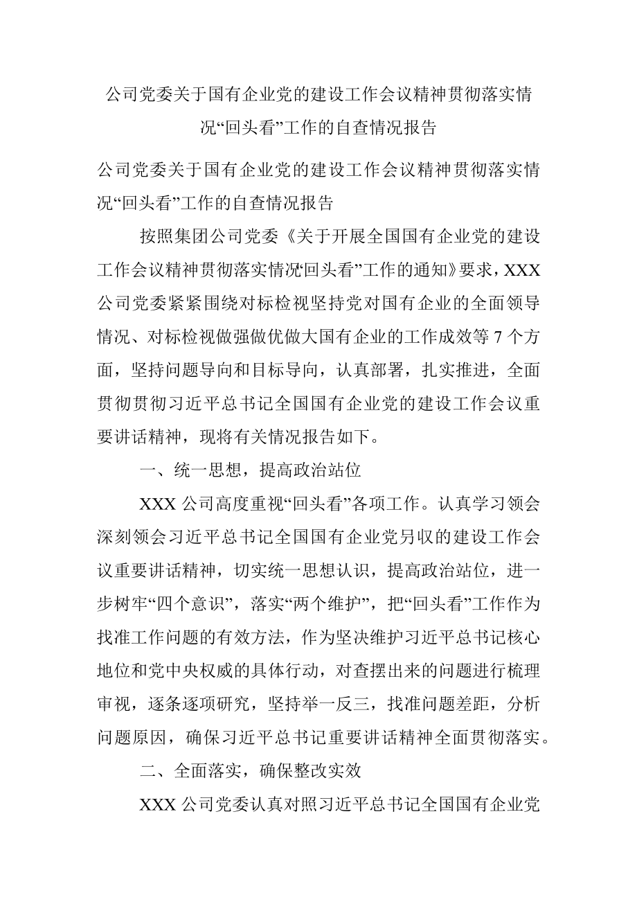 公司党委关于国有企业党的建设工作会议精神贯彻落实情况“回头看”工作的自查情况报告.docx_第1页