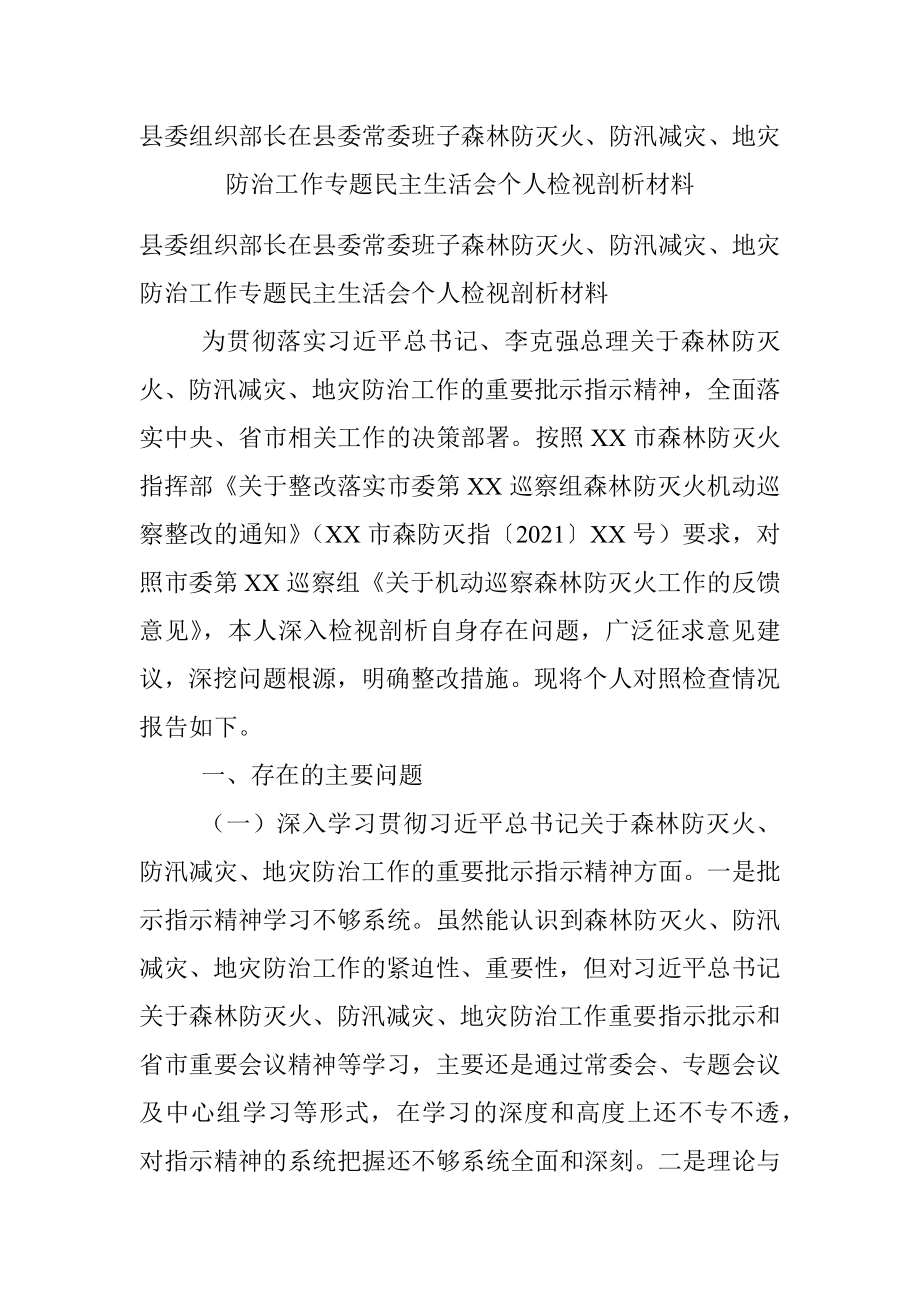 县委组织部长在县委常委班子森林防灭火、防汛减灾、地灾防治工作专题民主生活会个人检视剖析材料.docx_第1页