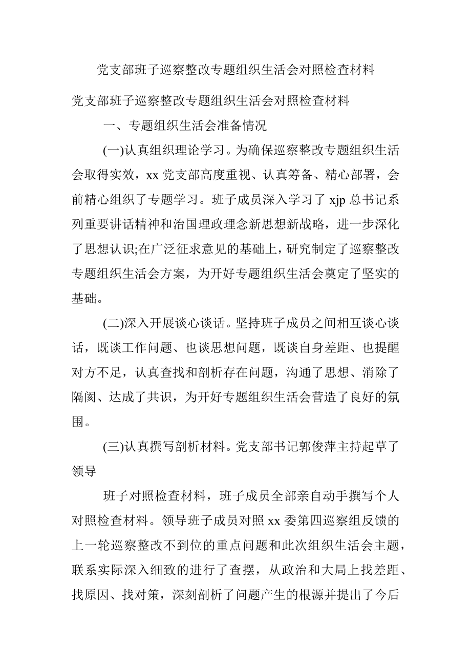 党支部班子巡察整改专题组织生活会对照检查材料.docx_第1页