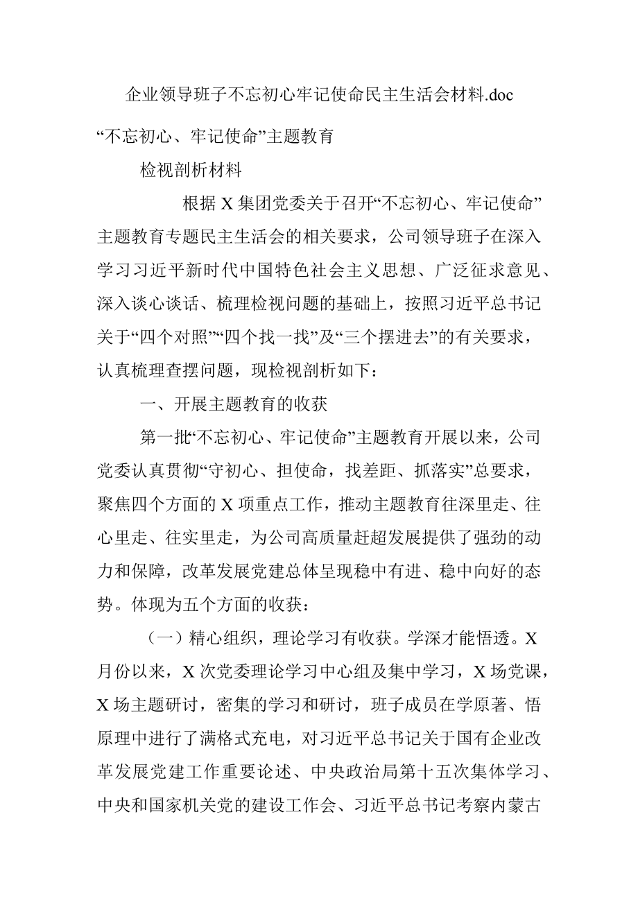 企业领导班子不忘初心牢记使命民主生活会材料.docx_第1页