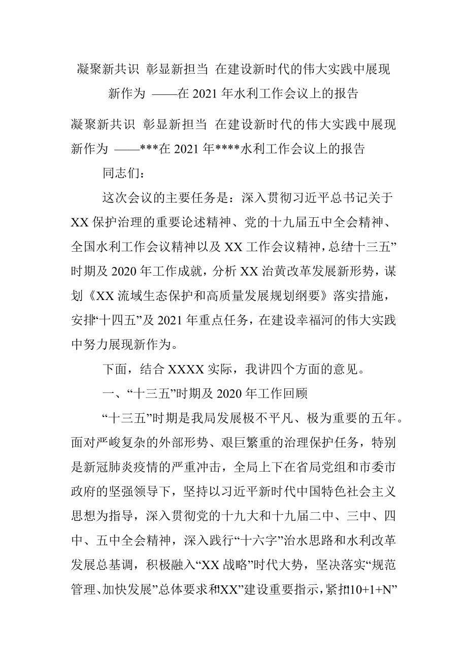 凝聚新共识 彰显新担当 在建设新时代的伟大实践中展现新作为 ——在2021年水利工作会议上的报告.docx_第1页