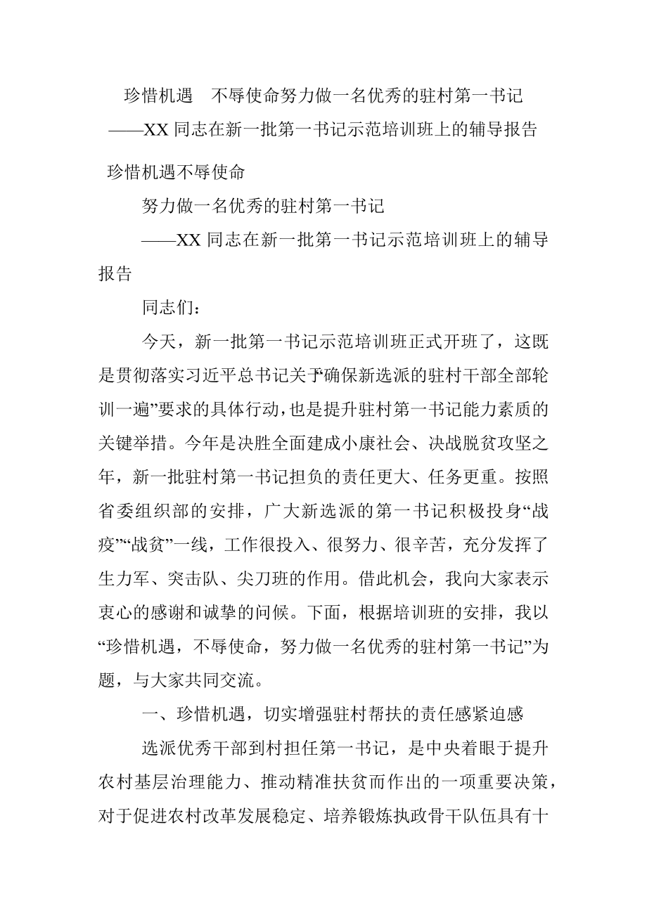 珍惜机遇不辱使命努力做一名优秀的驻村第一书记——XX同志在新一批第一书记示范培训班上的辅导报告.docx_第1页