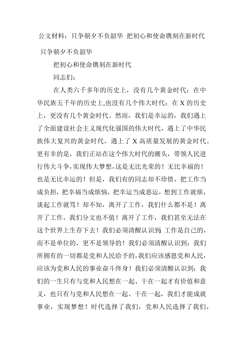 公文材料：只争朝夕不负韶华 把初心和使命镌刻在新时代.docx_第1页