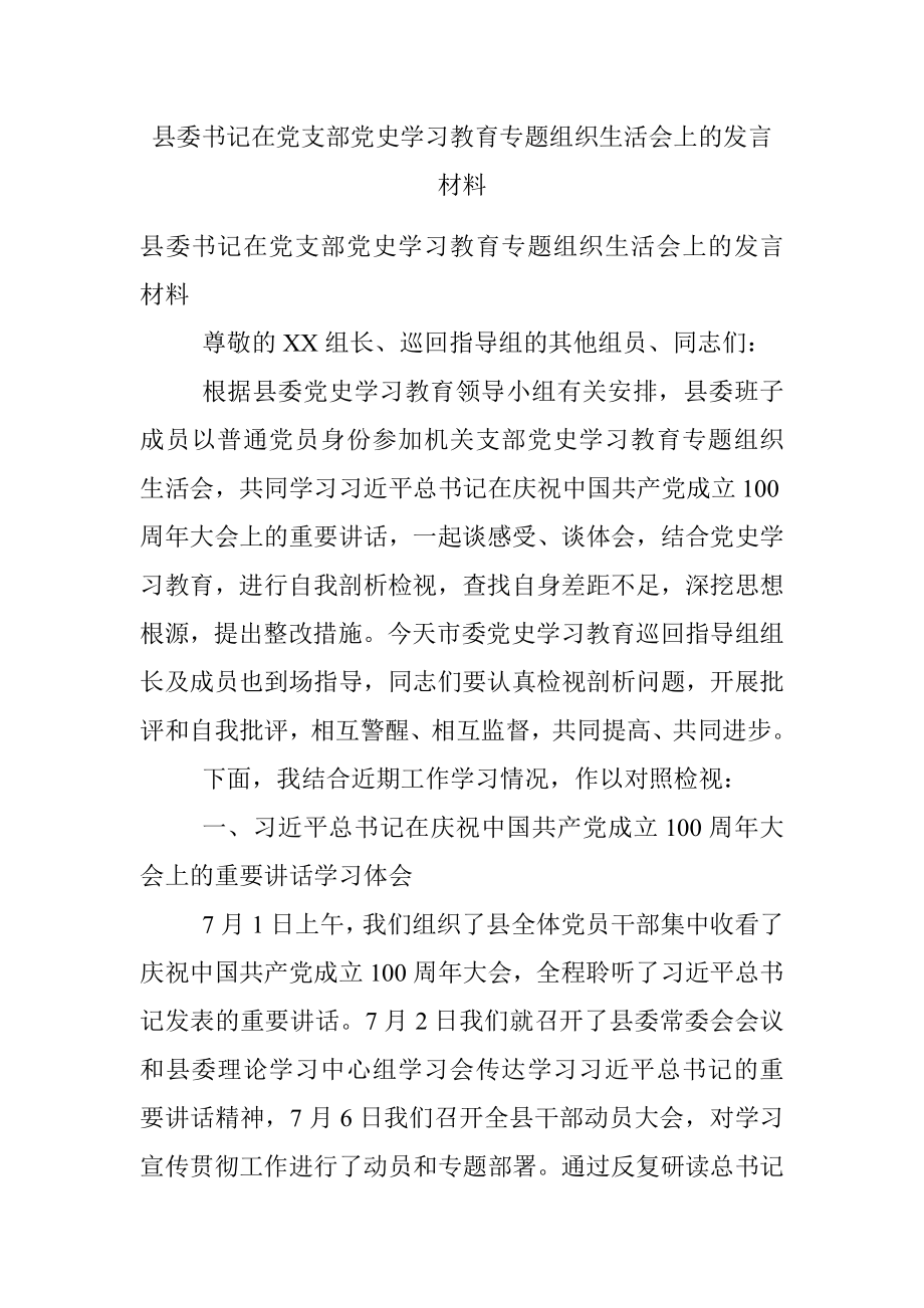 县委书记在党支部党史学习教育专题组织生活会上的发言材料.docx_第1页