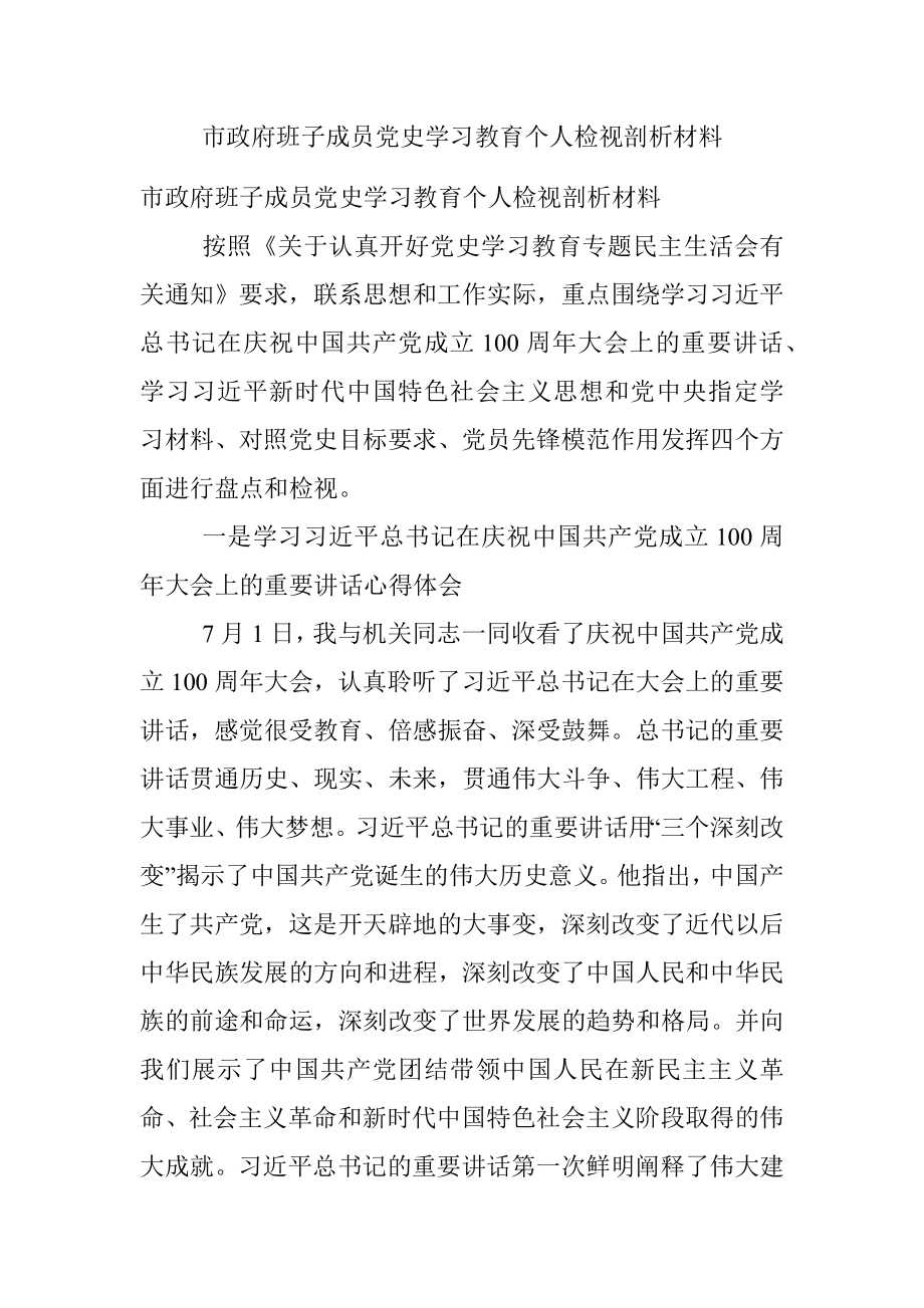 市政府班子成员党史学习教育个人检视剖析材料.docx_第1页