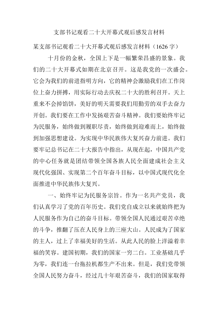 支部书记观看二十大开幕式观后感发言材料.docx_第1页