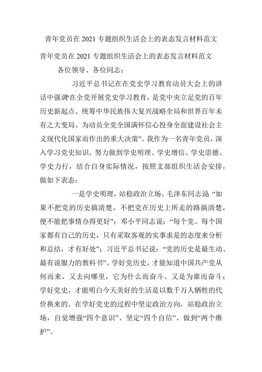 青年党员在2021专题组织生活会上的表态发言材料范文.docx_第1页