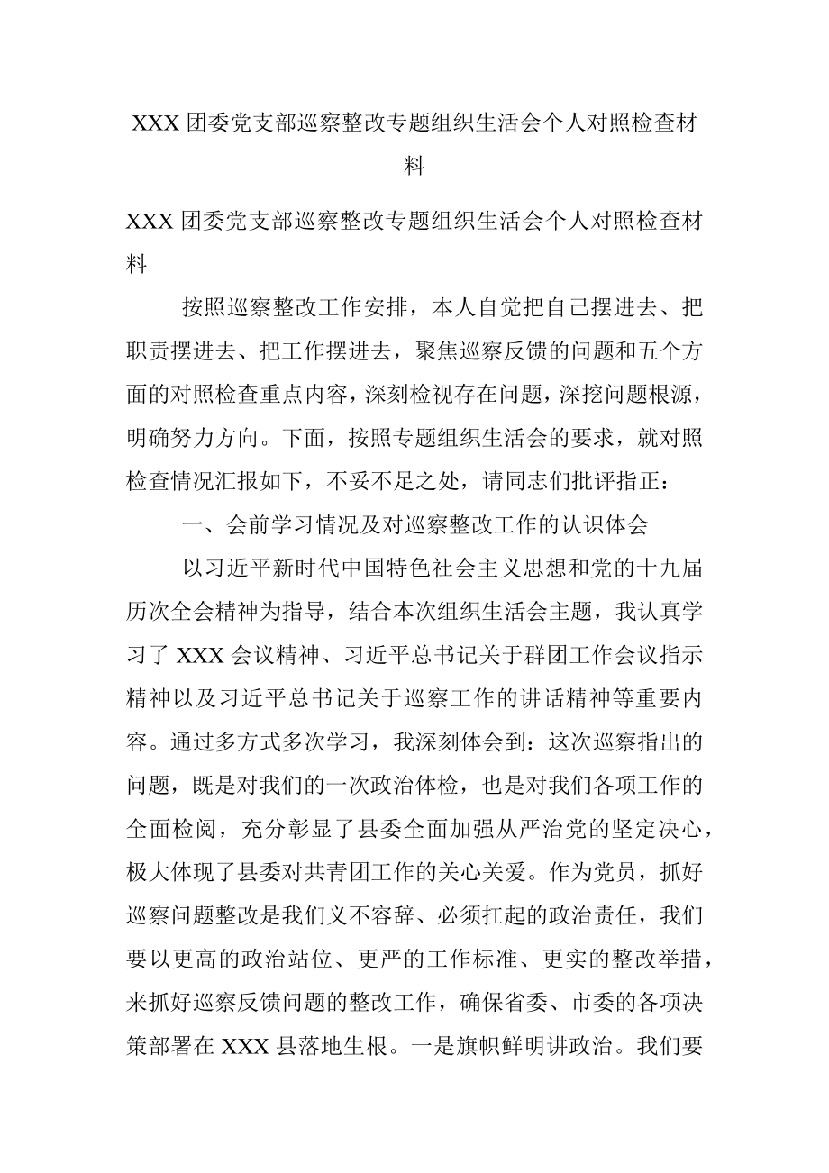 XXX团委党支部巡察整改专题组织生活会个人对照检查材料.docx_第1页