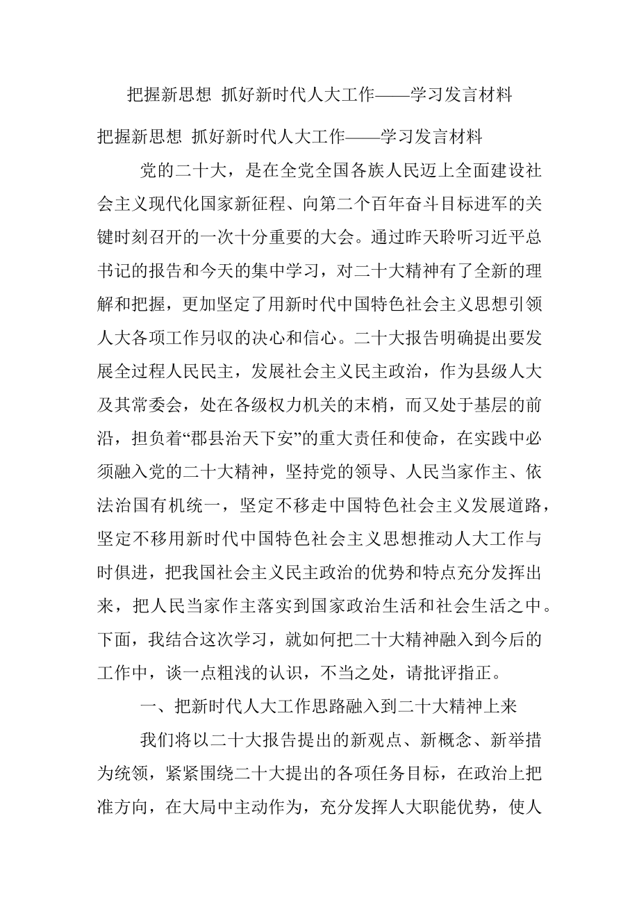 把握新思想 抓好新时代人大工作——学习发言材料.docx_第1页