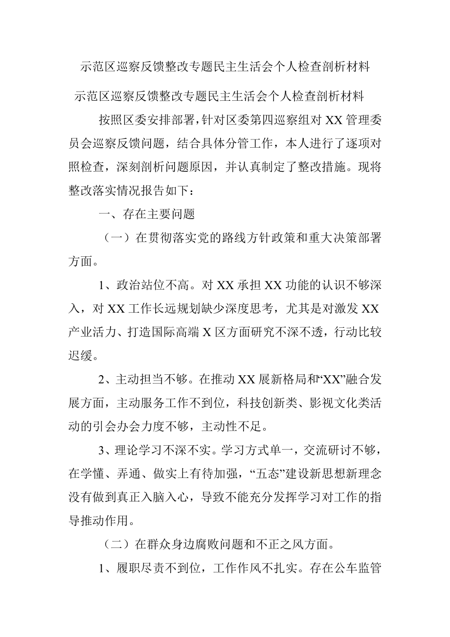 示范区巡察反馈整改专题民主生活会个人检查剖析材料.docx_第1页