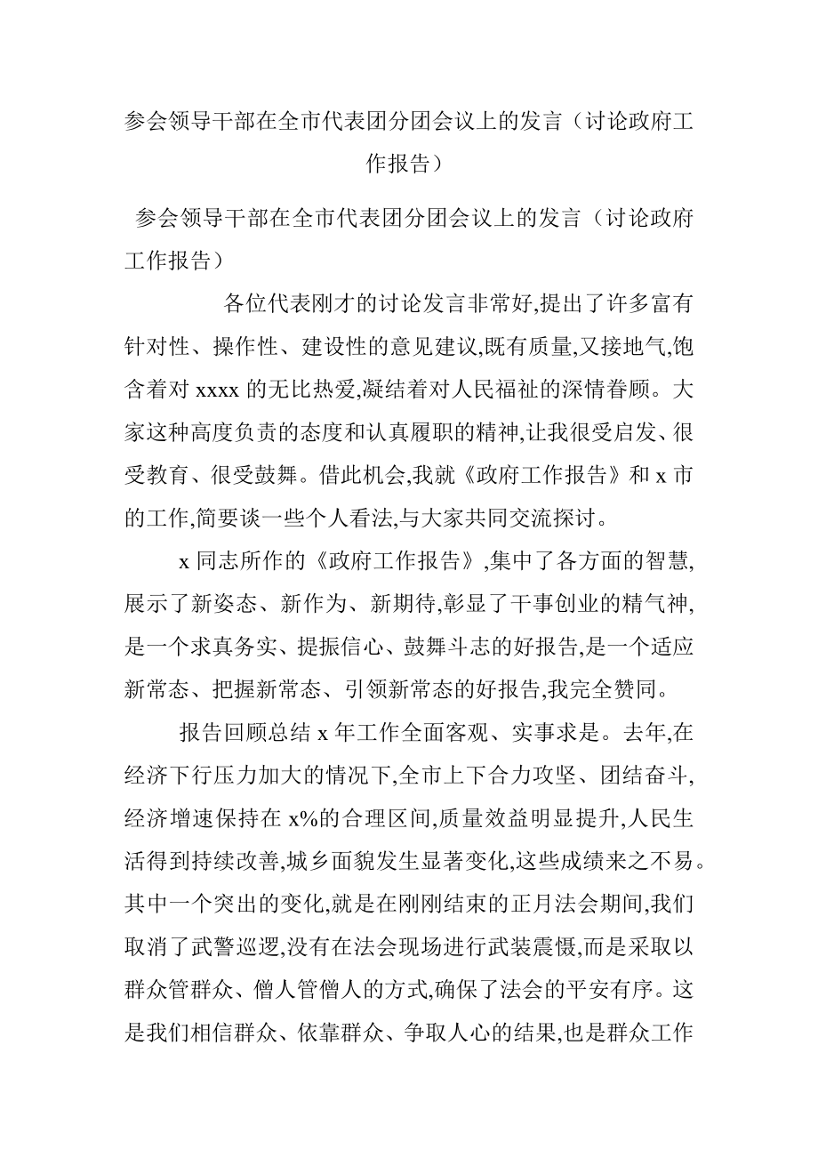 参会领导干部在全市代表团分团会议上的发言（讨论政府工作报告）.docx_第1页