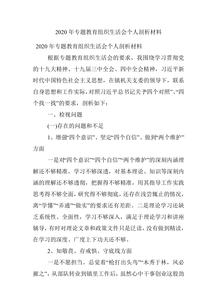 2020年专题教育组织生活会个人剖析材料.docx_第1页