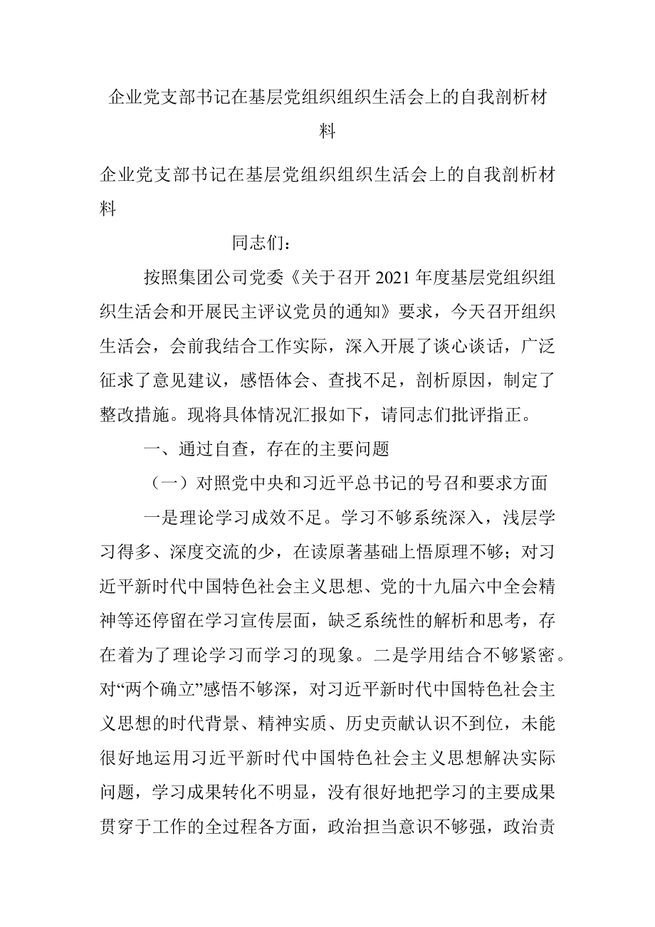 企业党支部书记在基层党组织组织生活会上的自我剖析材料.docx_第1页