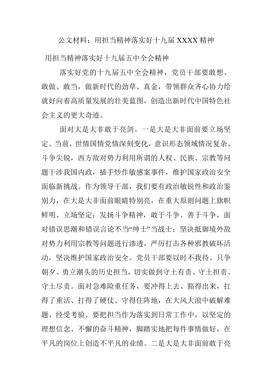 公文材料：用担当精神落实好十九届XXXX精神.docx_第1页