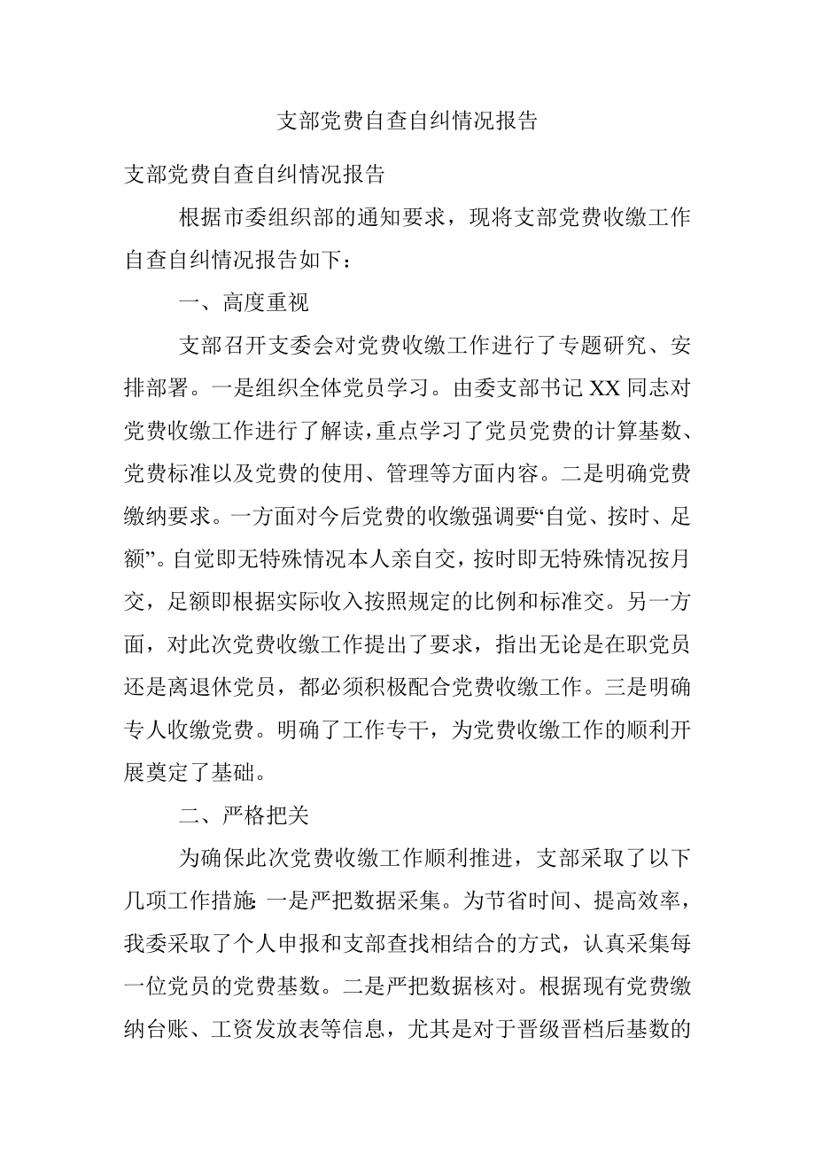 支部党费自查自纠情况报告.docx_第1页