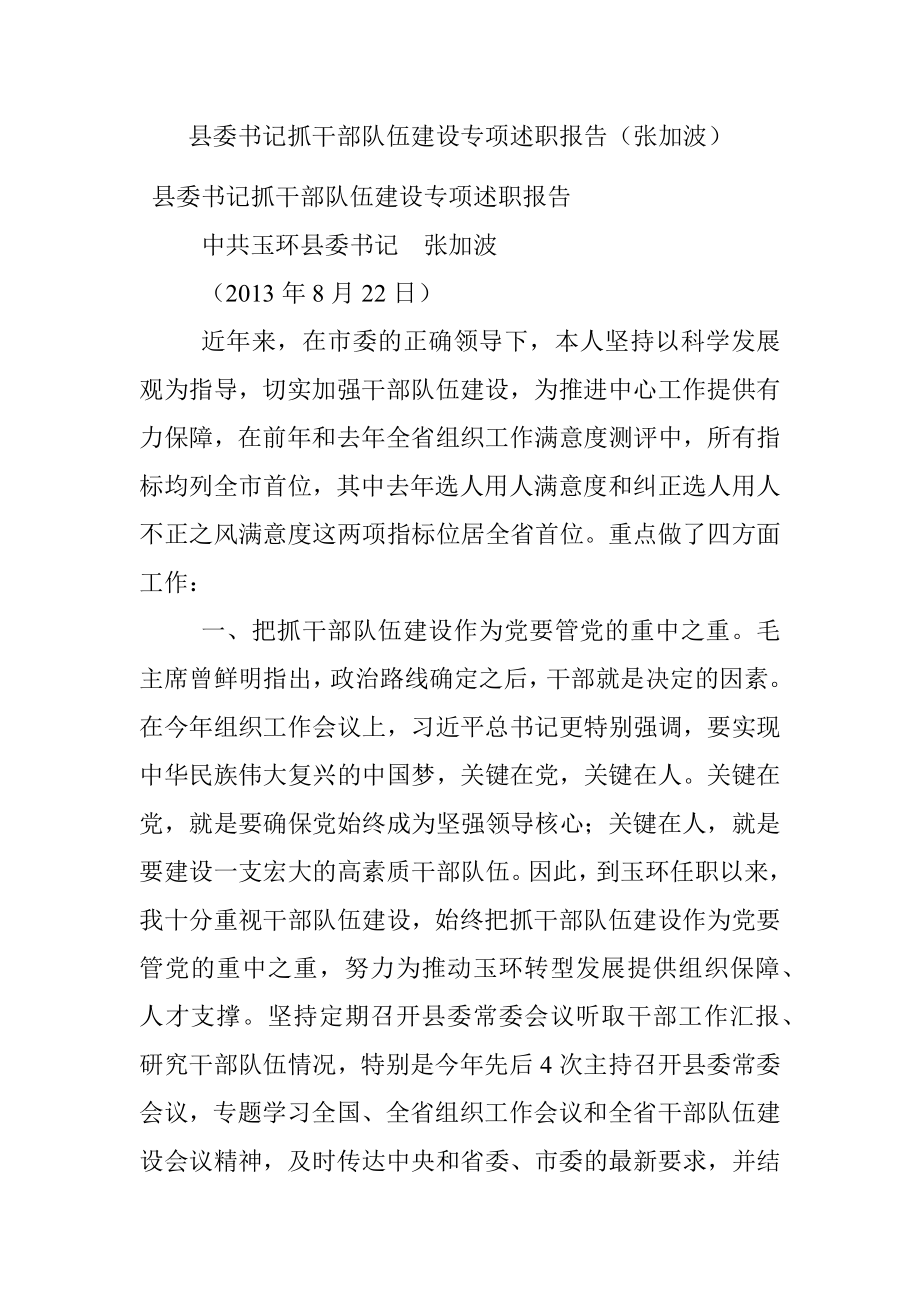 县委书记抓干部队伍建设专项述职报告（张加波）.docx_第1页