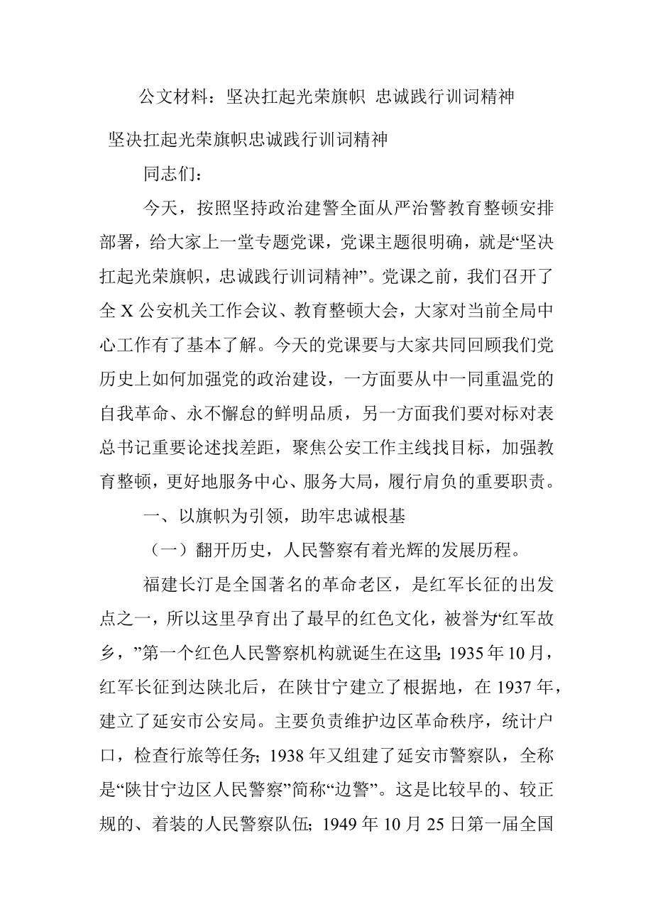 公文材料：坚决扛起光荣旗帜 忠诚践行训词精神.docx_第1页