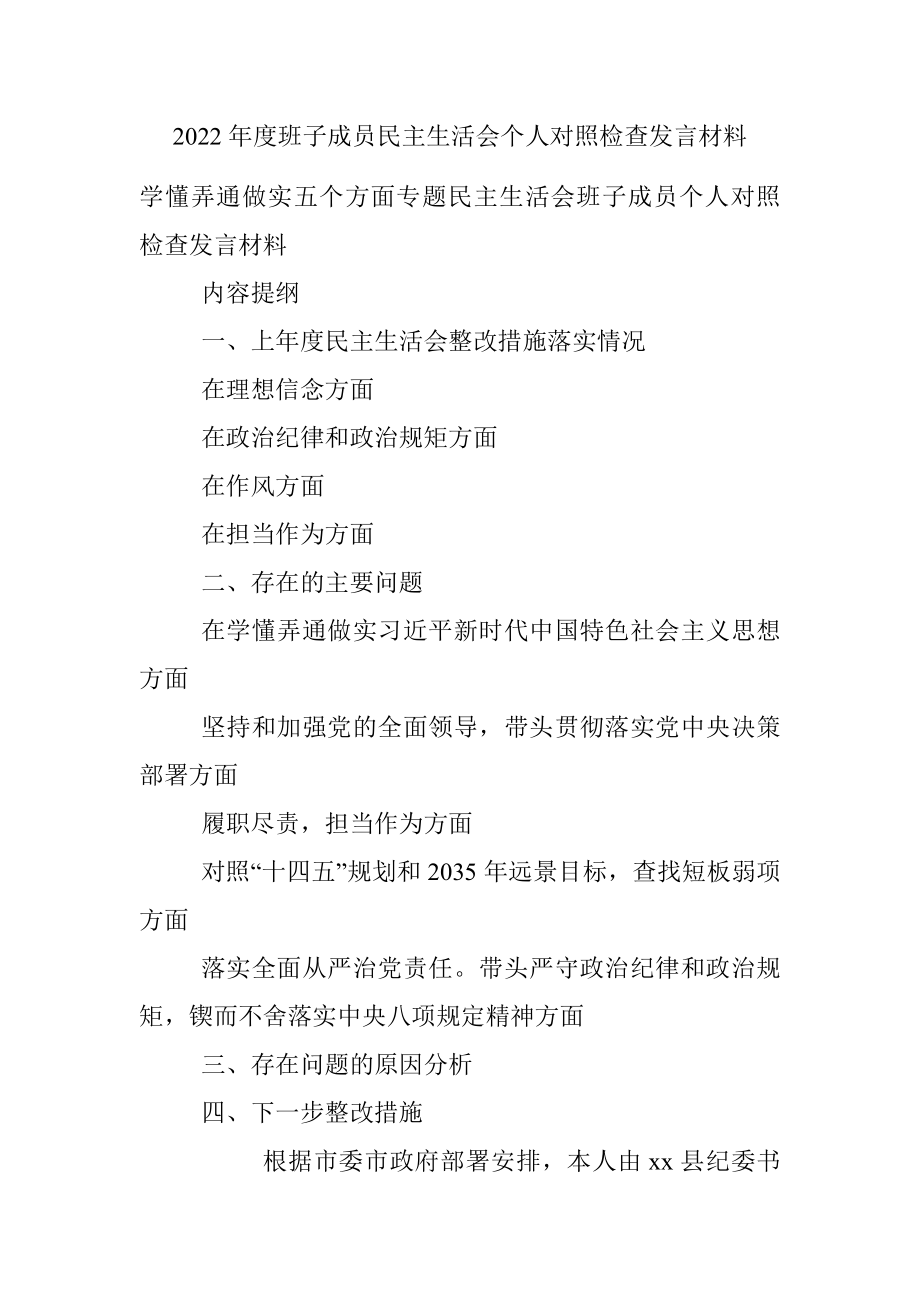 2022年度班子成员民主生活会个人对照检查发言材料.docx_第1页