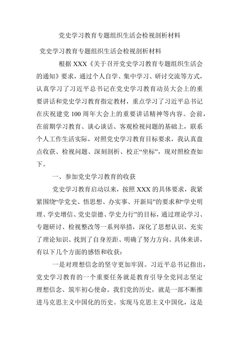 党史学习教育专题组织生活会检视剖析材料.docx_第1页