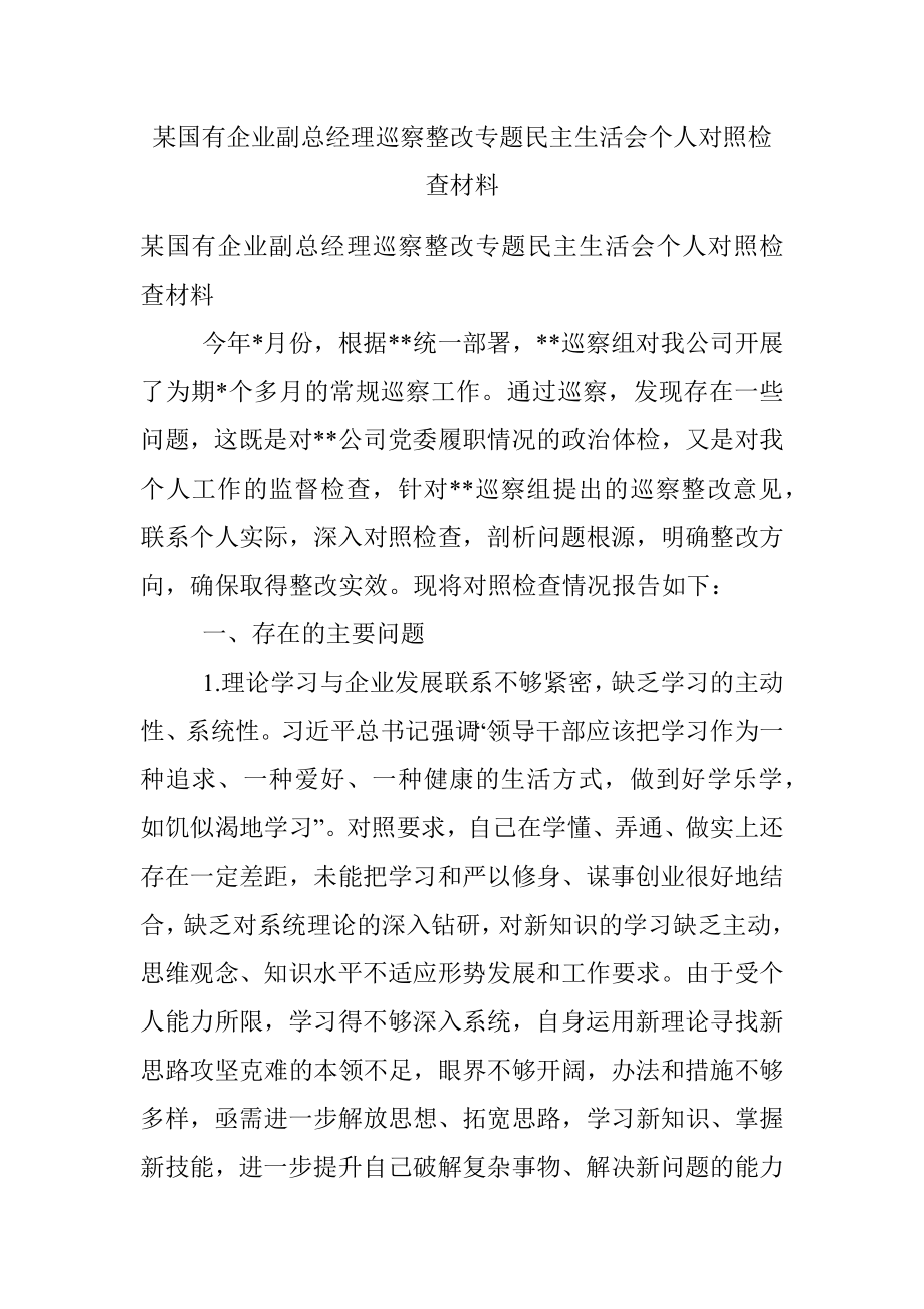 某国有企业副总经理巡察整改专题民主生活会个人对照检查材料.docx_第1页