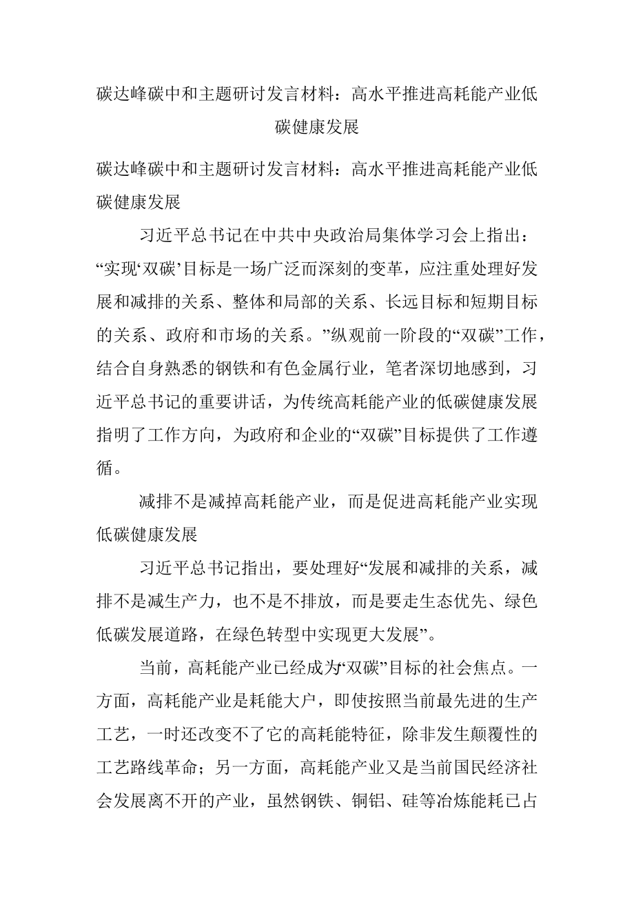 碳达峰碳中和主题研讨发言材料：高水平推进高耗能产业低碳健康发展.docx_第1页