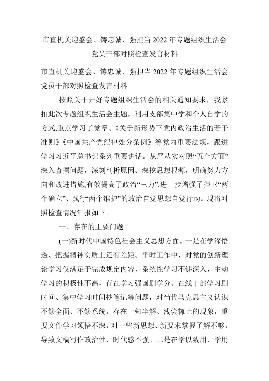 市直机关迎盛会、铸忠诚、强担当2022年专题组织生活会党员干部对照检查发言材料.docx_第1页