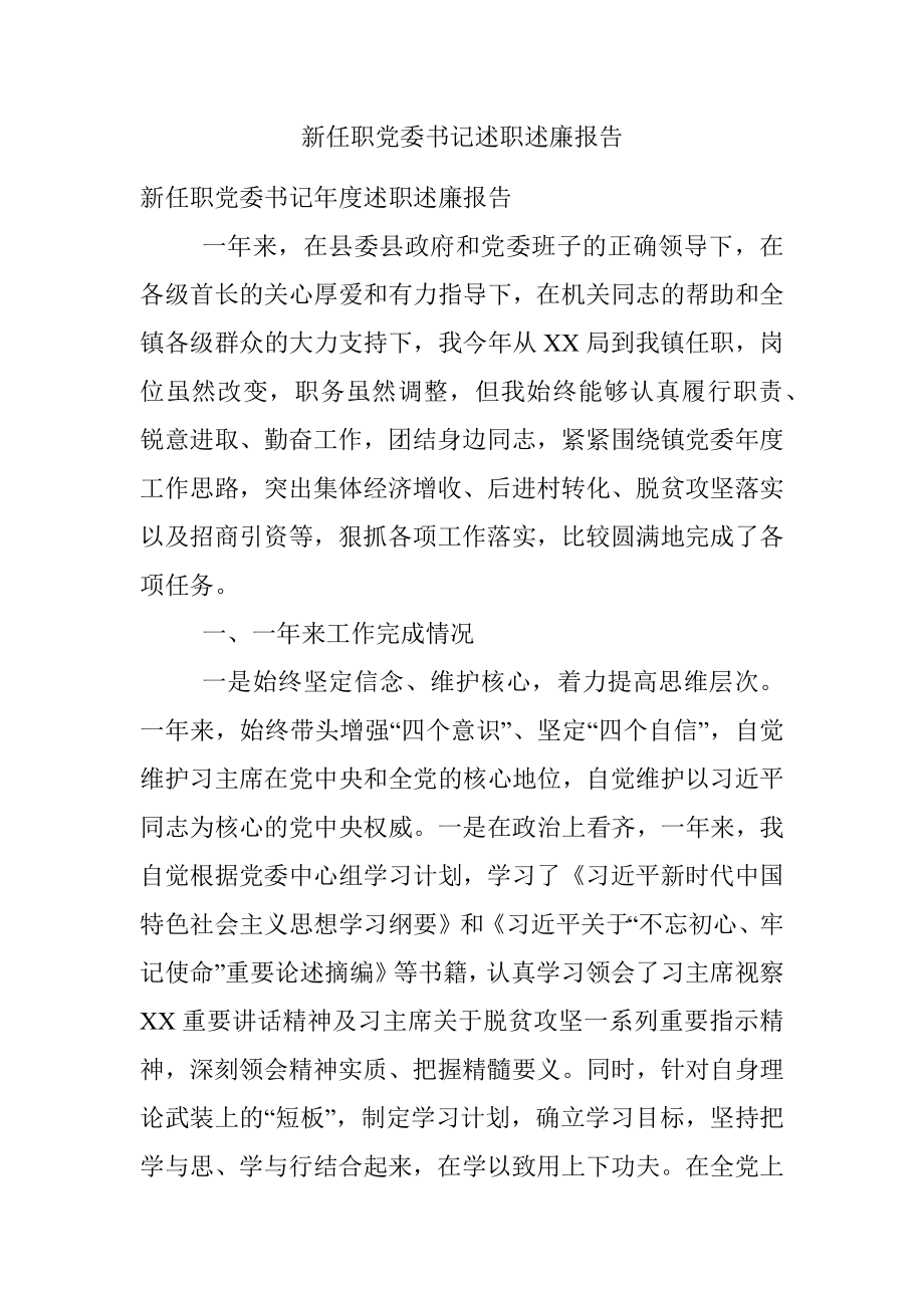 新任职党委书记述职述廉报告.docx_第1页