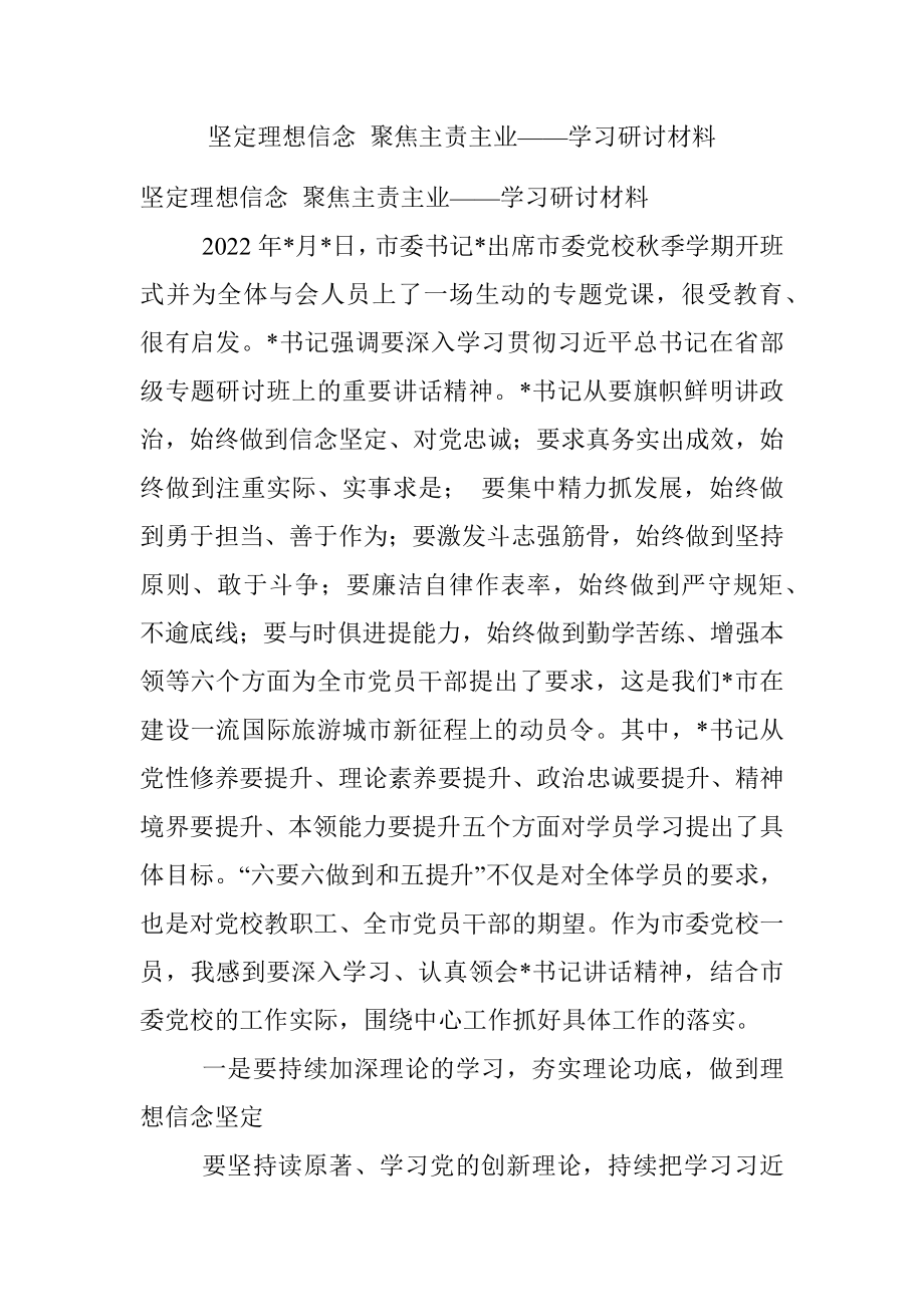 坚定理想信念 聚焦主责主业——学习研讨材料.docx_第1页