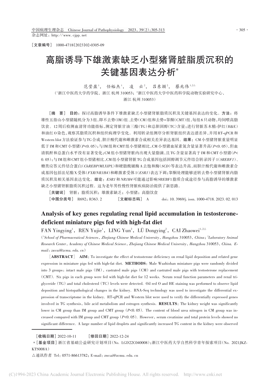 高脂诱导下雄激素缺乏小型猪...脂质沉积的关键基因表达分析_范莹盈.pdf_第1页