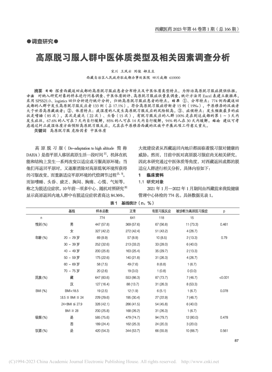 高原脱习服人群中医体质类型及相关因素调查分析_宋川.pdf_第1页