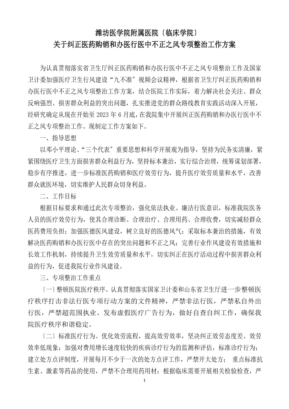 2023年纠正医药购销和办医行医中不正之风专项整治工作方案.doc_第1页