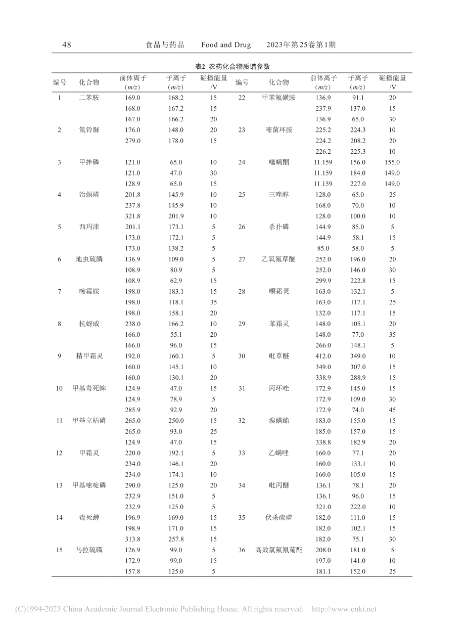 固相萃取-气相色谱串联质谱法检测牛奶中41种农药残留_张月辉.pdf_第3页