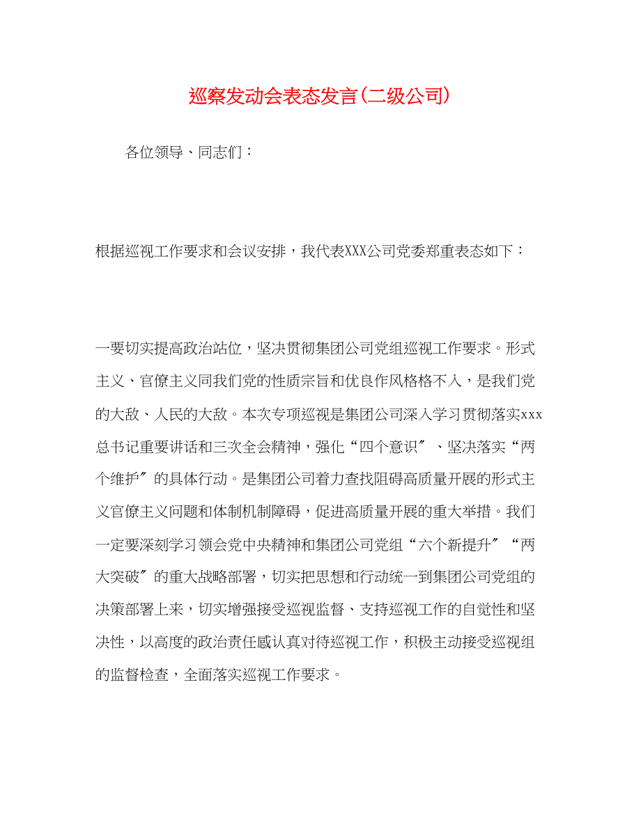 2023年巡察动员会表态发言二级公司.docx_第1页